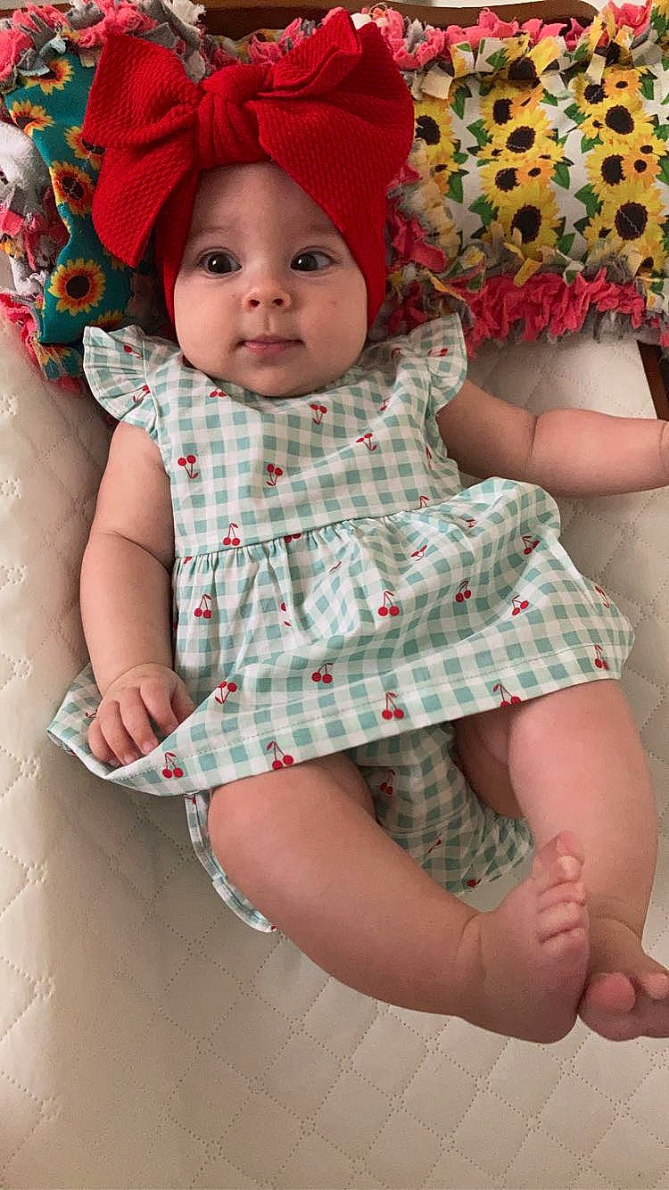 Sophia joined the competition — help win amazing prizes! baby, baby_toddler_clothing, cheek, eye, face, facial_expression, finger, green, hand, headwear, human, lip, organ, person, photograph, pink, plaid, product, skin, sleeve