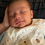 Luca joined the competition — help win amazing prizes! baby, sleeping, infant, onesie, bear_illustration, hand, polka_dots, cushion, resting, peaceful, closeup, portrait, child, cute, soft, indoors, cozy, head_support, young_child, clothing