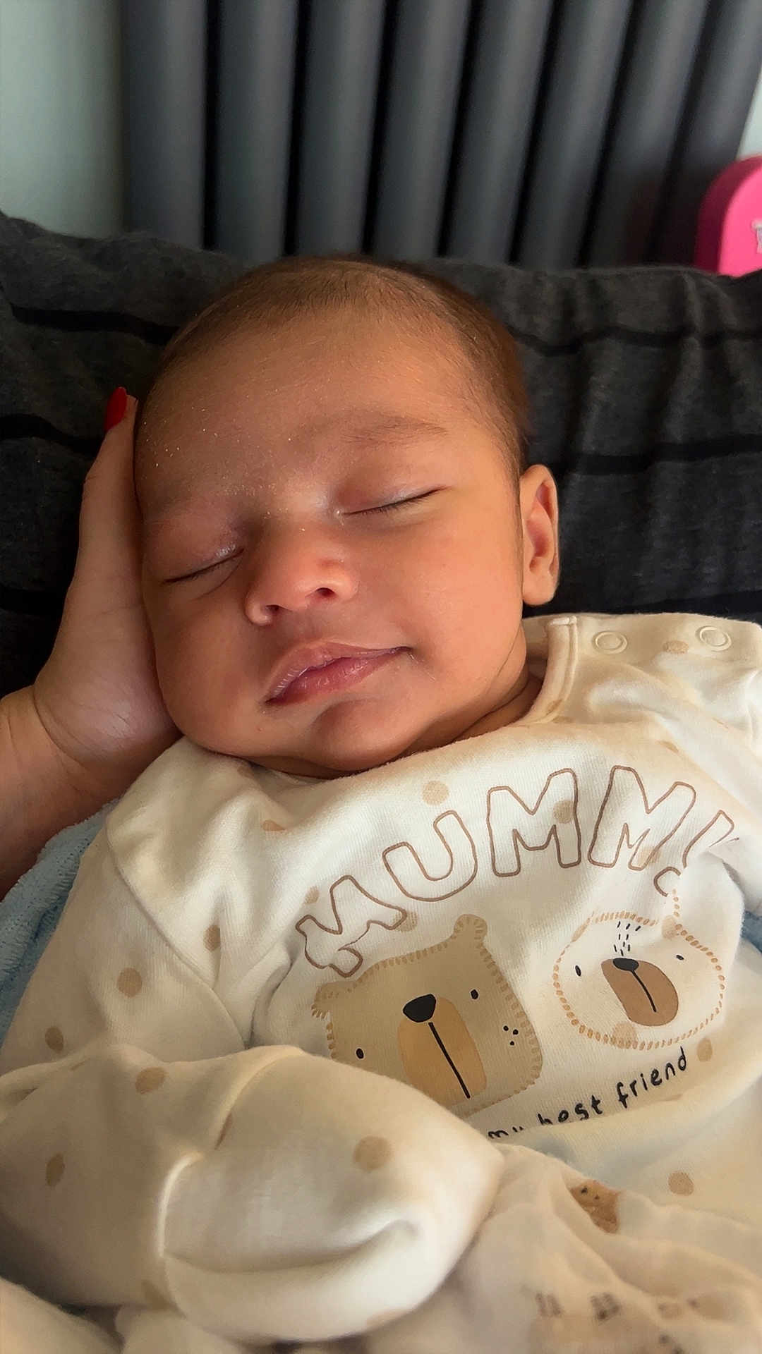 Luca joined the competition — help win amazing prizes! baby, sleeping, infant, onesie, bear_illustration, hand, polka_dots, cushion, resting, peaceful, closeup, portrait, child, cute, soft, indoors, cozy, head_support, young_child, clothing