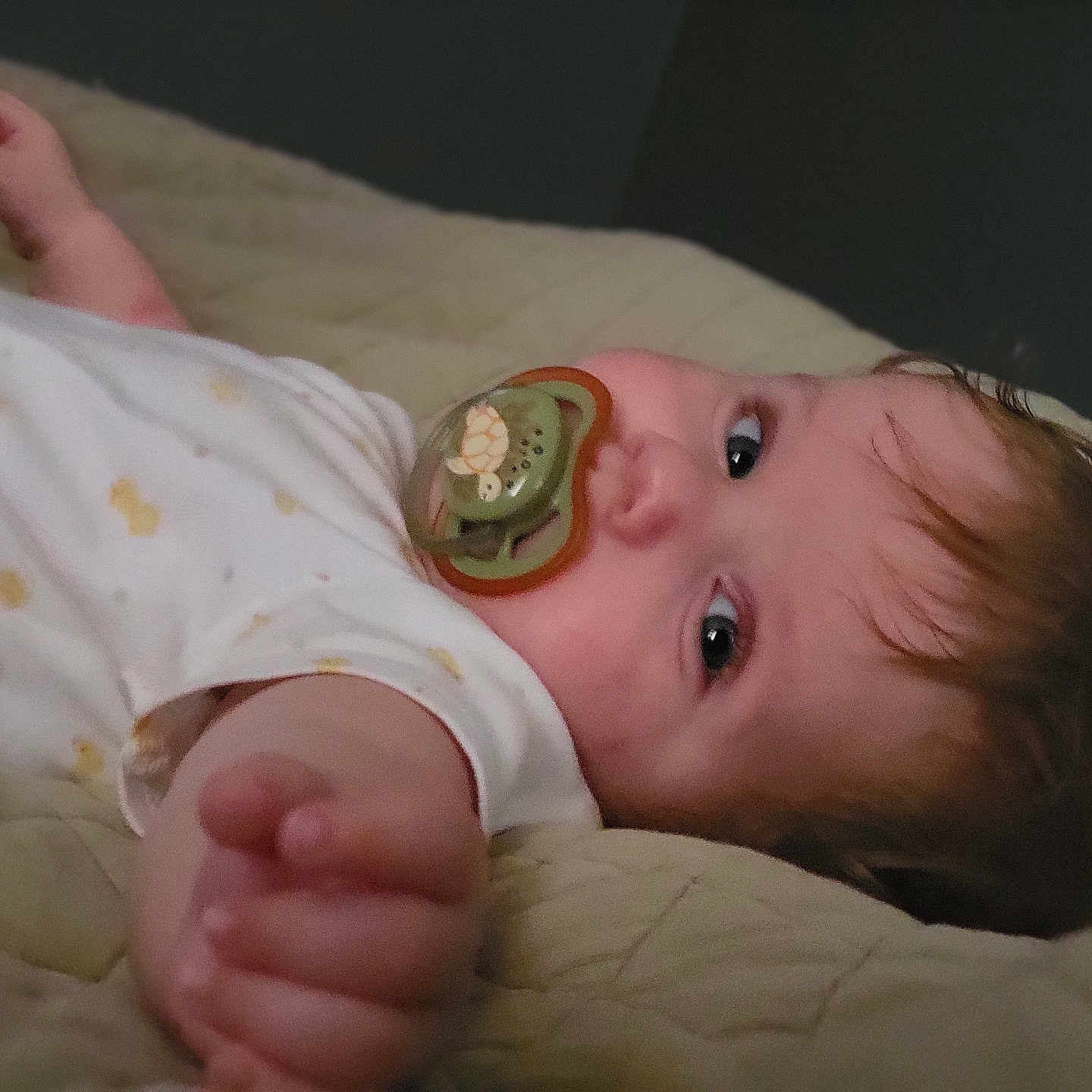 Ronin is registered to the contest to win money with this photo: baby, infant, child, pacifier, lying_down, blanket, quilt, bed, portrait, face, eyes, hair, hand, foot, onesie, sleeping, indoors, cozy, closeup, adorable