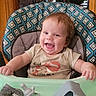 Ronin joined the competition — help win amazing prizes! baby, child, infant, smiling, laughing, portrait, seated, activity_seat, highchair, indoor, home, patterned_chair, tray, pacifier, clothing, shirt, brown_hair, happy, face, photography