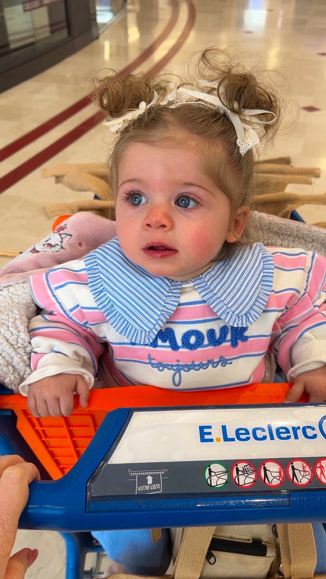 Romane participe au concours pour gagner de l'argent avec cette photo : aisle, blanket, blue_eyes, bow, cat_print, child, child_seat, curious_expression, cute, floor_tiles, grip, hair_buns, hands, large_collar, portrait, shopping_cart, striped_shirt, supermarket, toddler, trolley_handle