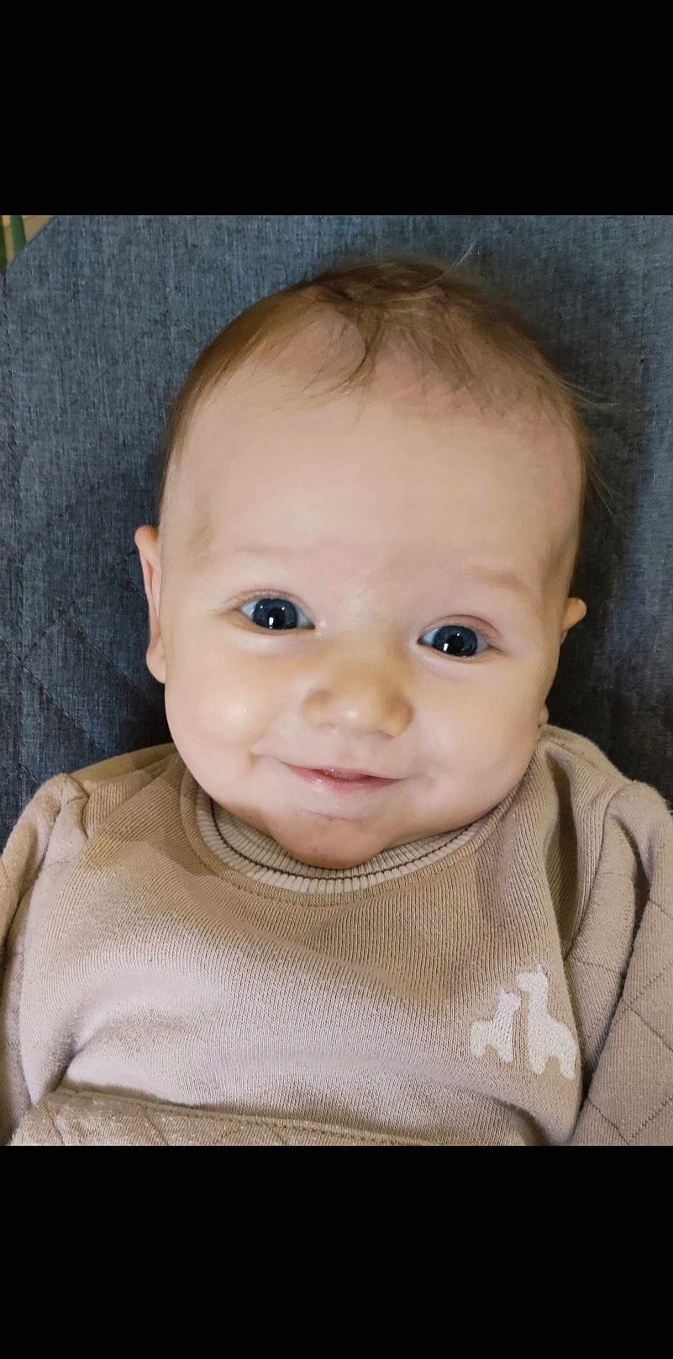 Léandre participe au concours pour gagner de l'argent avec cette photo : baby, infant, smile, blue_eyes, chubby_cheeks, portrait, close_up, sweater, beige_clothing, blanket, cushion, indoors, head, face, skin, gaze, happy, person, cute, babywear