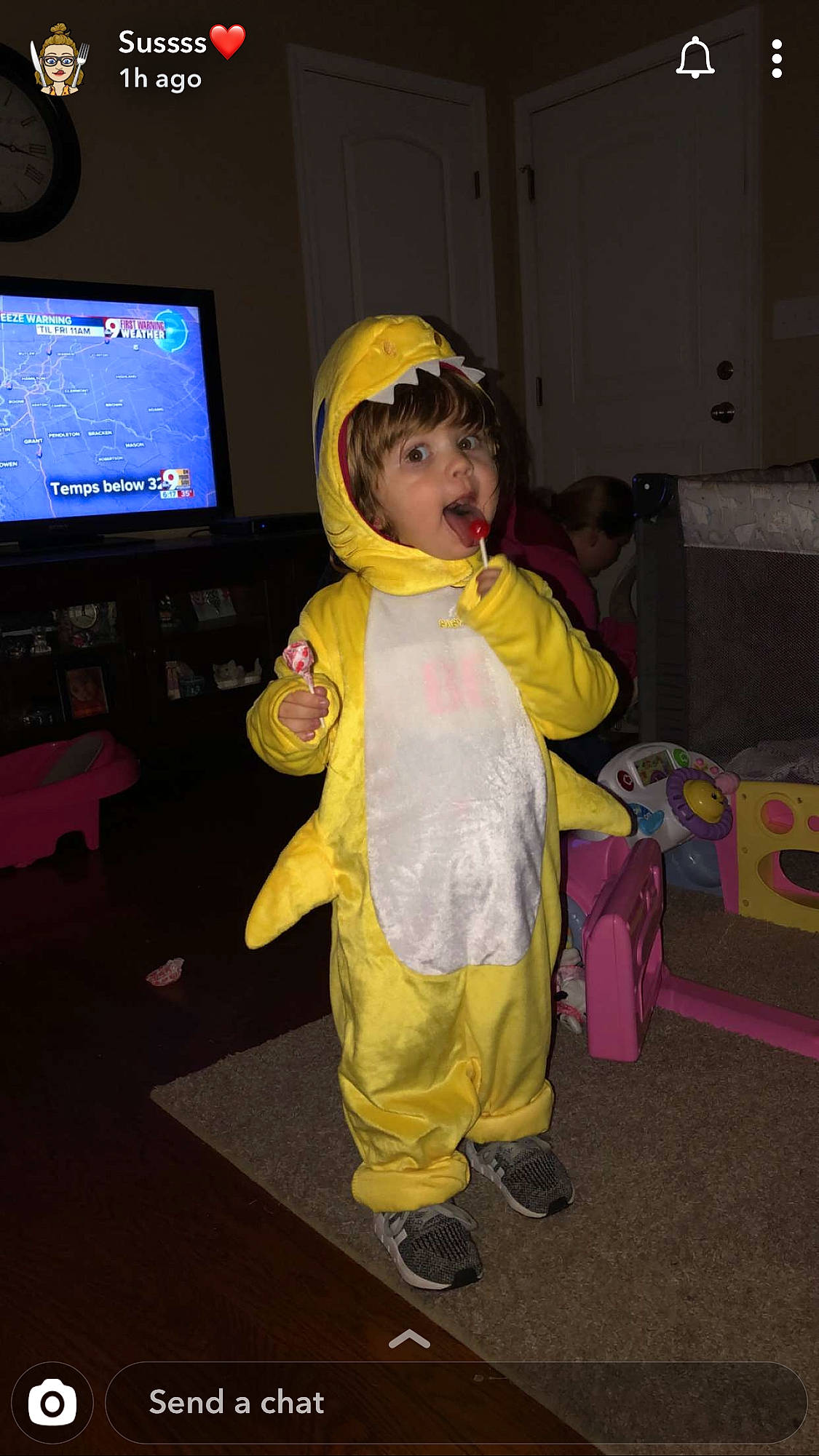 Harmony is registered to the contest to win money with this photo: child, costume, fun, headwear, outerwear, person, surprise, toddler, yellow