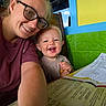 baby, child, adult, smiling, portrait, selfie, indoors, cafe, colorful_background, eyeglasses, crayon, worksheet, maze, menu, table, seated, happy, family, blonde_hair, closeup