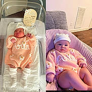 Aria is registered to the contest to win money with this photo: baby, newborn, infant, hospital_bassinet, knit_outfit, pink_clothing, headband, hat, couch, blanket, indoor, person, child, cute, daisy_pattern, socks, legs, face, relaxing, portrait