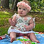 baby, child, flower_crown, dress, blanket, outdoor, grass, tree, nature, cute, infant, sitting, portrait, skin, foot, hand, summer, sunlight, forest, expression