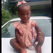Ko'Hana is registered to the contest to win money with this photo: toddler, child, smiling, pink_dress, bow, car, mazda, pacifier, bracelet, outdoor, hood, white_car, greenery, house, sky, cute, sitting, happy, portrait, baby