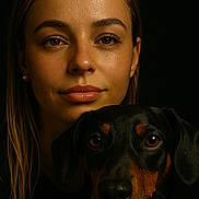 Stella participe au concours pour gagner de l'argent avec cette photo : woman, dog, portrait, close_up, black_background, brown_eyes, black_dog, tan_markings, face, expression, pet, animal, human, indoor, looking_at_camera, female, mammal, companion, friendship, calm