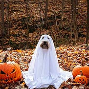 Snoopy joined the competition — help win amazing prizes! dog, ghost_costume, white_sheet, pumpkin, jack_o_lantern, autumn_leaves, forest, fall, outdoor, halloween, costume, pet, animal, seasonal, nature, decoration, holiday, cute, leaf_litter, woodland