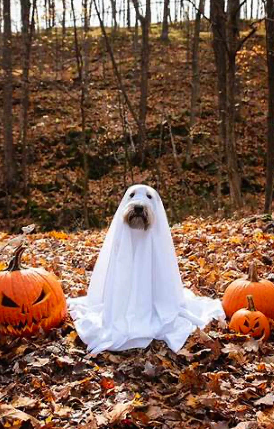 Snoopy joined the competition — help win amazing prizes! dog, ghost_costume, white_sheet, pumpkin, jack_o_lantern, autumn_leaves, forest, fall, outdoor, halloween, costume, pet, animal, seasonal, nature, decoration, holiday, cute, leaf_litter, woodland