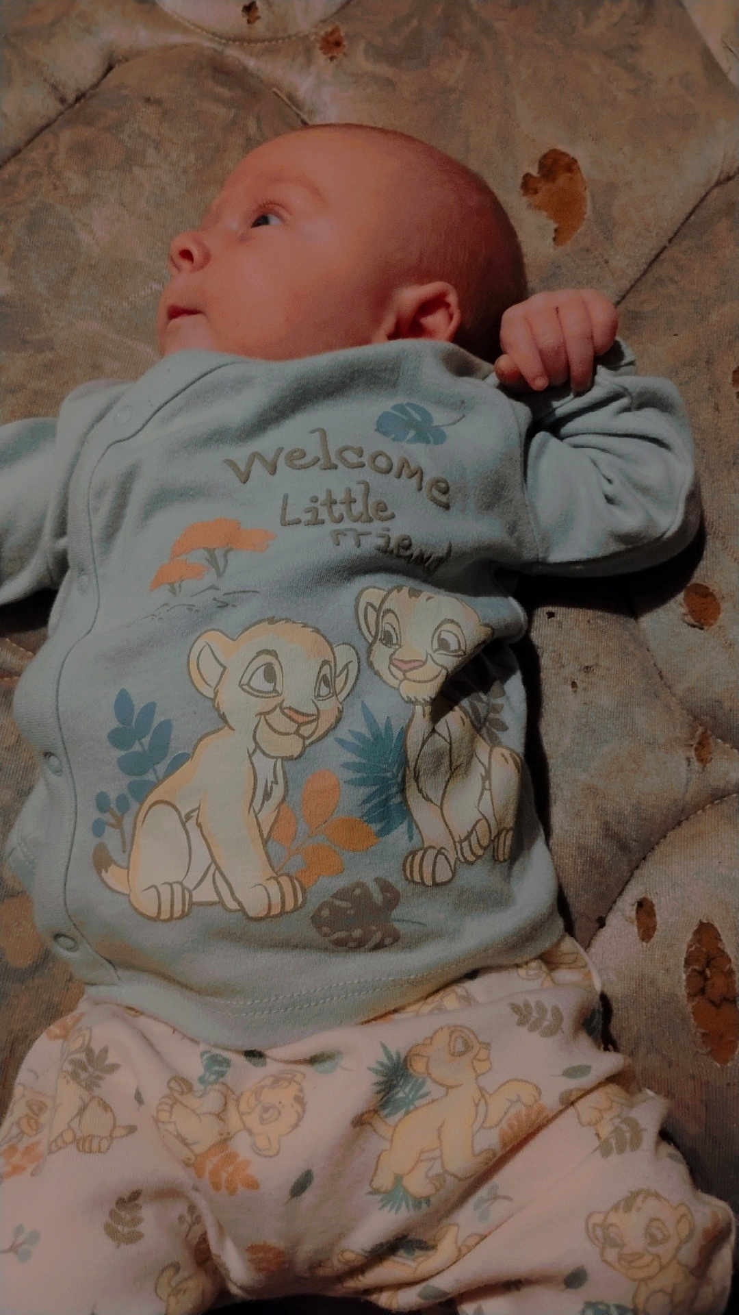 Bradley is registered to the contest to win money with this photo: baby, infant, pajamas, cartoon_characters, lion, sleepwear, child, cute, lying_down, mattress, fabric, clothing, hand, face, skin, newborn, bedroom, soft_colors, pattern, gaze