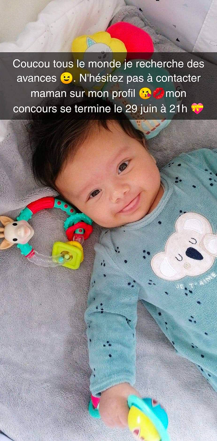 Wassim participe au concours pour gagner de l'argent avec cette photo : baby, baby_toddler_clothing, cheek, chin, clothing, eye, face, facial_expression, hairstyle, happy, head, joy, nose, organ, outerwear, person, product, skin, sleeve, smile