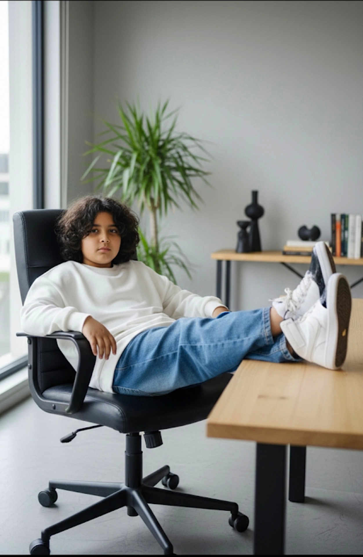 Petro joined the competition — help win amazing prizes! black_chair, casual, child, contemplative, curly_hair, desk, furniture, indoor, jeans, minimalist, modern, office_chair, person, plant, relaxed, seated, sneakers, white_sweater, window, wooden_desk