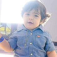 Phelopateer joined the competition — help win amazing prizes! toddler, child, denim_shirt, blue_eyes, curly_hair, necklace, cross, portrait, indoor, soft_light, cute, person, baby, fashion, casual_clothing, young_child, smiling, happy, face, front_view