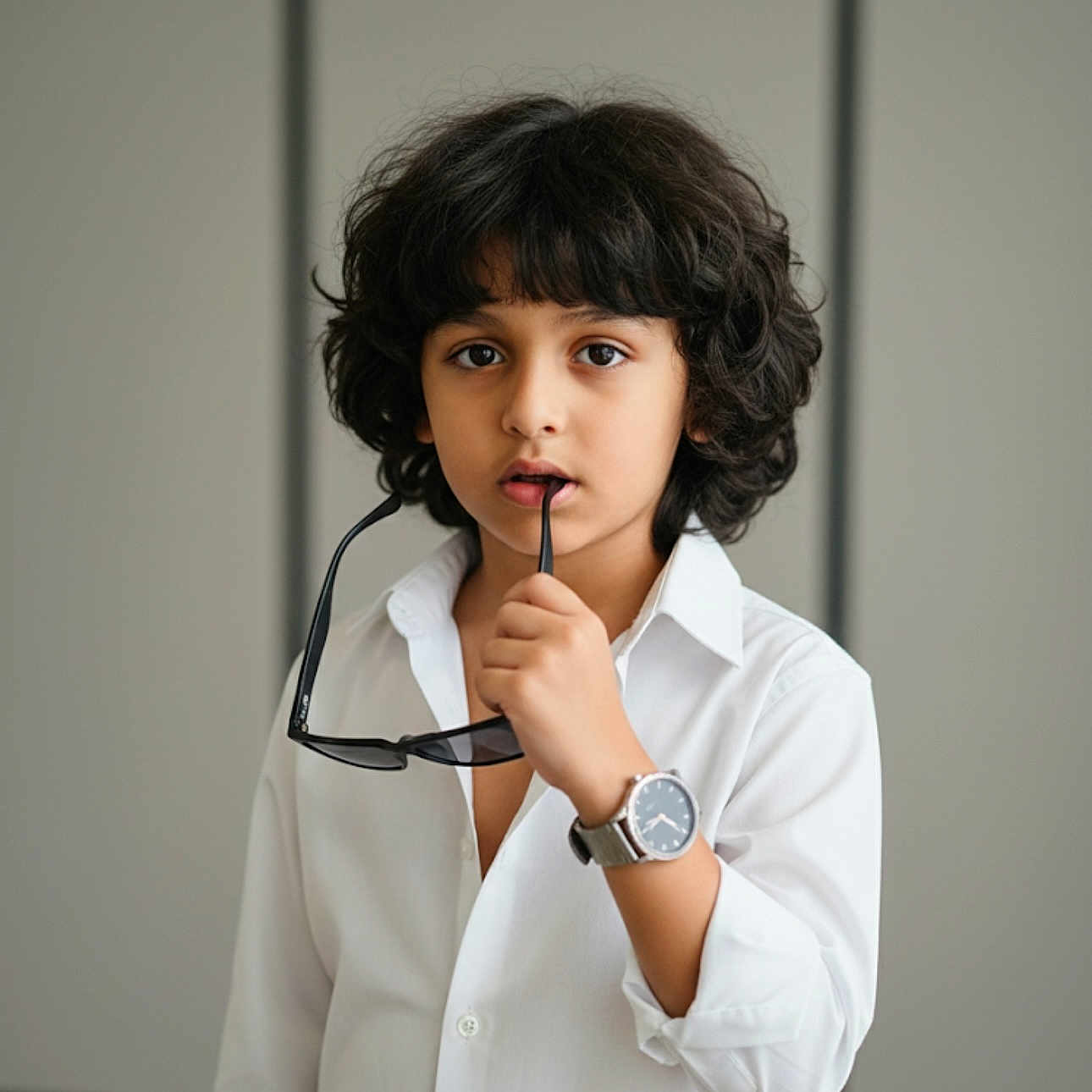 Christiano joined the competition — help win amazing prizes! accessory, casual, child, contemplative, curly_hair, expression, eyes, face, fashion, hair, hand, indoor, minimalist, person, portrait, style, sunglasses, watch, white_shirt, young