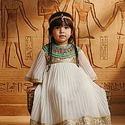 Antonella joined the competition — help win amazing prizes! child, ancient_egypt, costume, dress, hieroglyphs, stool, portrait, indoor, historical_background, decorative, young_girl, headband, braided_hair, floor, wall_art, traditional, seated, cultural, photography, costume_party