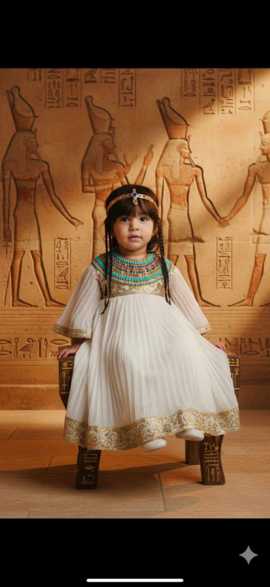 Antonella joined the competition — help win amazing prizes! child, ancient_egypt, costume, dress, hieroglyphs, stool, portrait, indoor, historical_background, decorative, young_girl, headband, braided_hair, floor, wall_art, traditional, seated, cultural, photography, costume_party