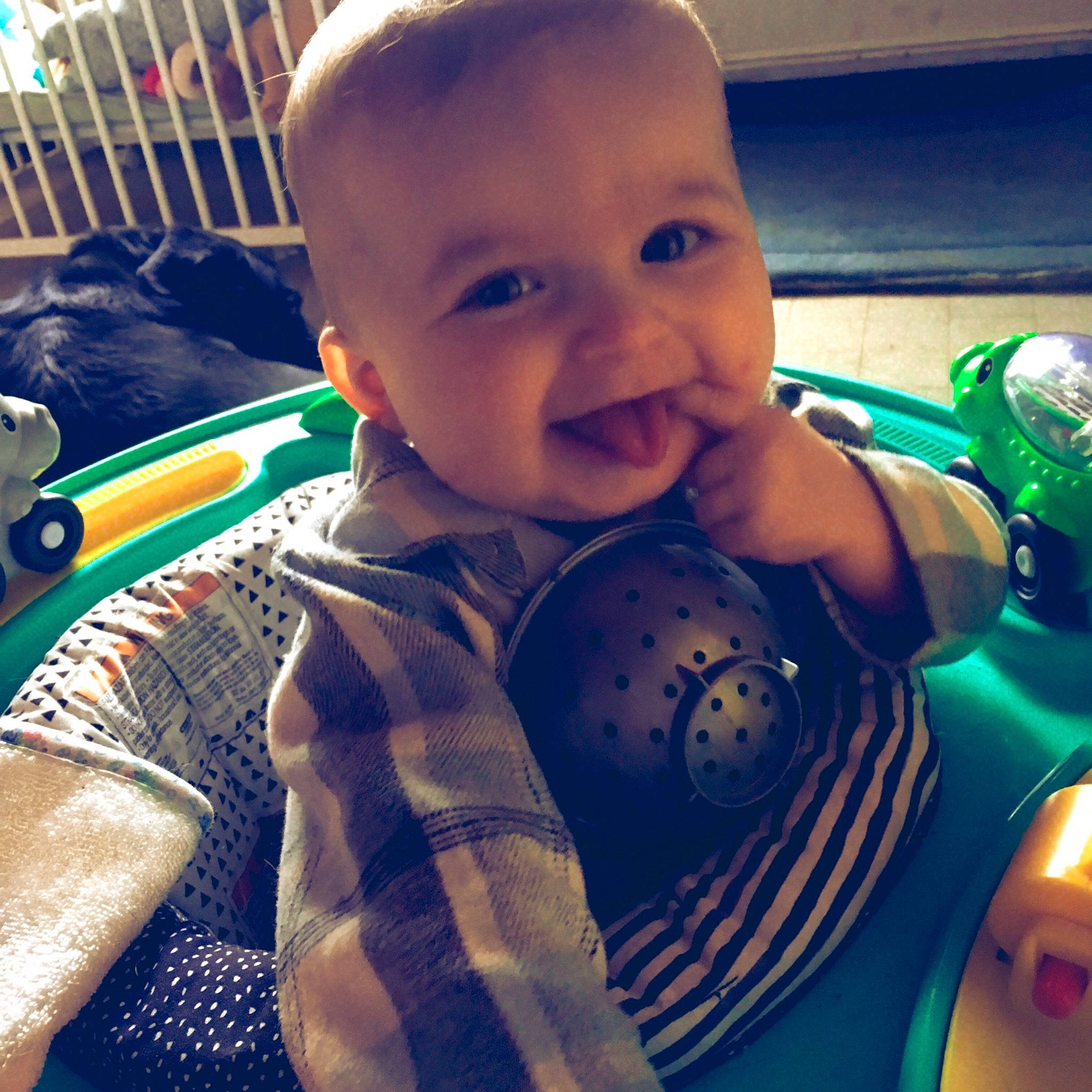 Samuel a rejoint le concours — aidez-le/la à gagner de superbes lots ! baby, baby_products, baby_toddler_clothing, baby_toys, child, finger, fun, happy, mouth, nose, pattern, person, play, product, sitting, smile, t_shirt, tableware, thumb, toddler