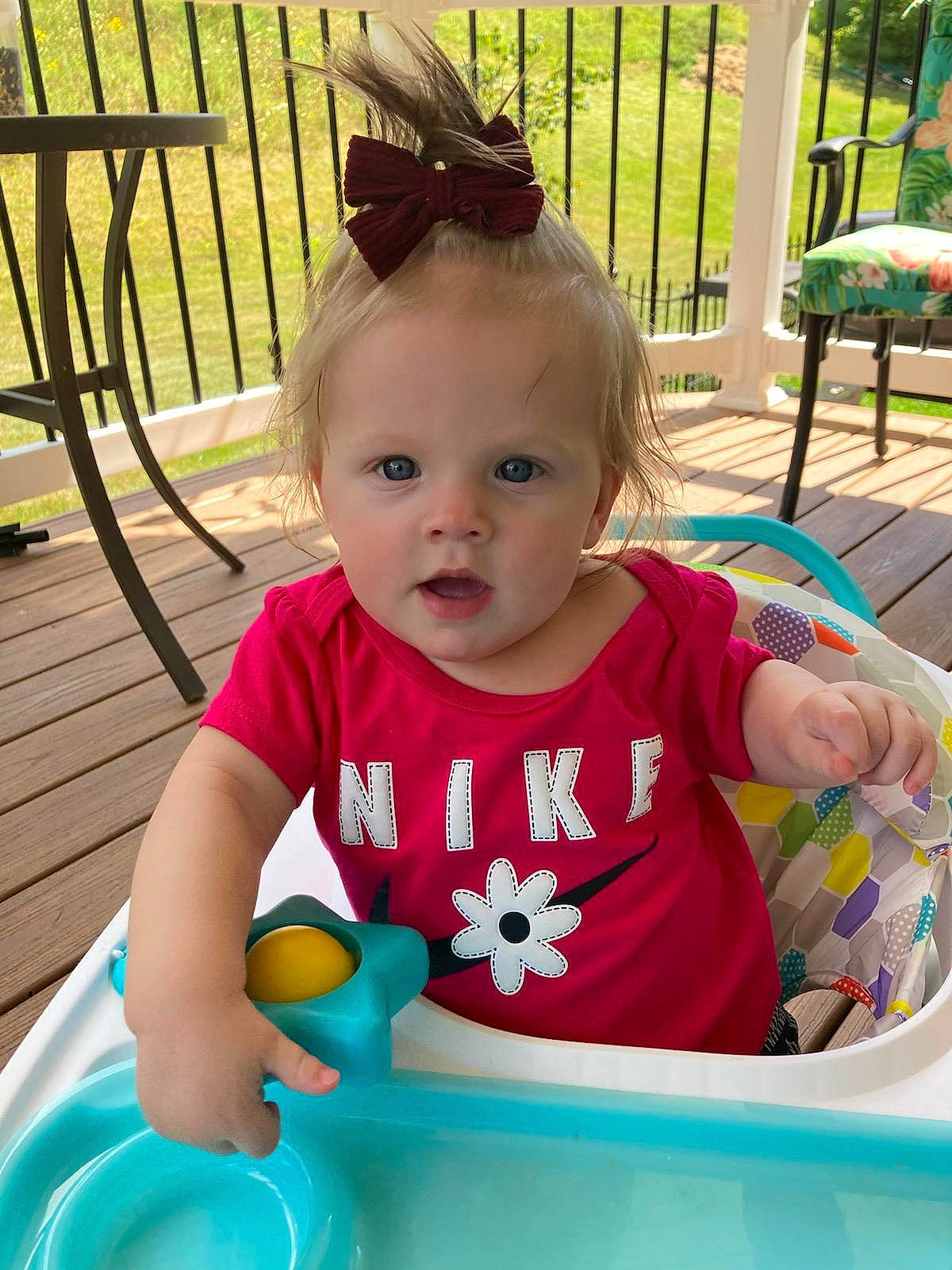 Rosalyn joined the competition — help win amazing prizes! baby, baby_toddler_clothing, child, fun, grass, green, happy, leisure, outdoor_furniture, person, photograph, plant, play, recreation, sitting, sleeve, snapshot, summer, t_shirt, table