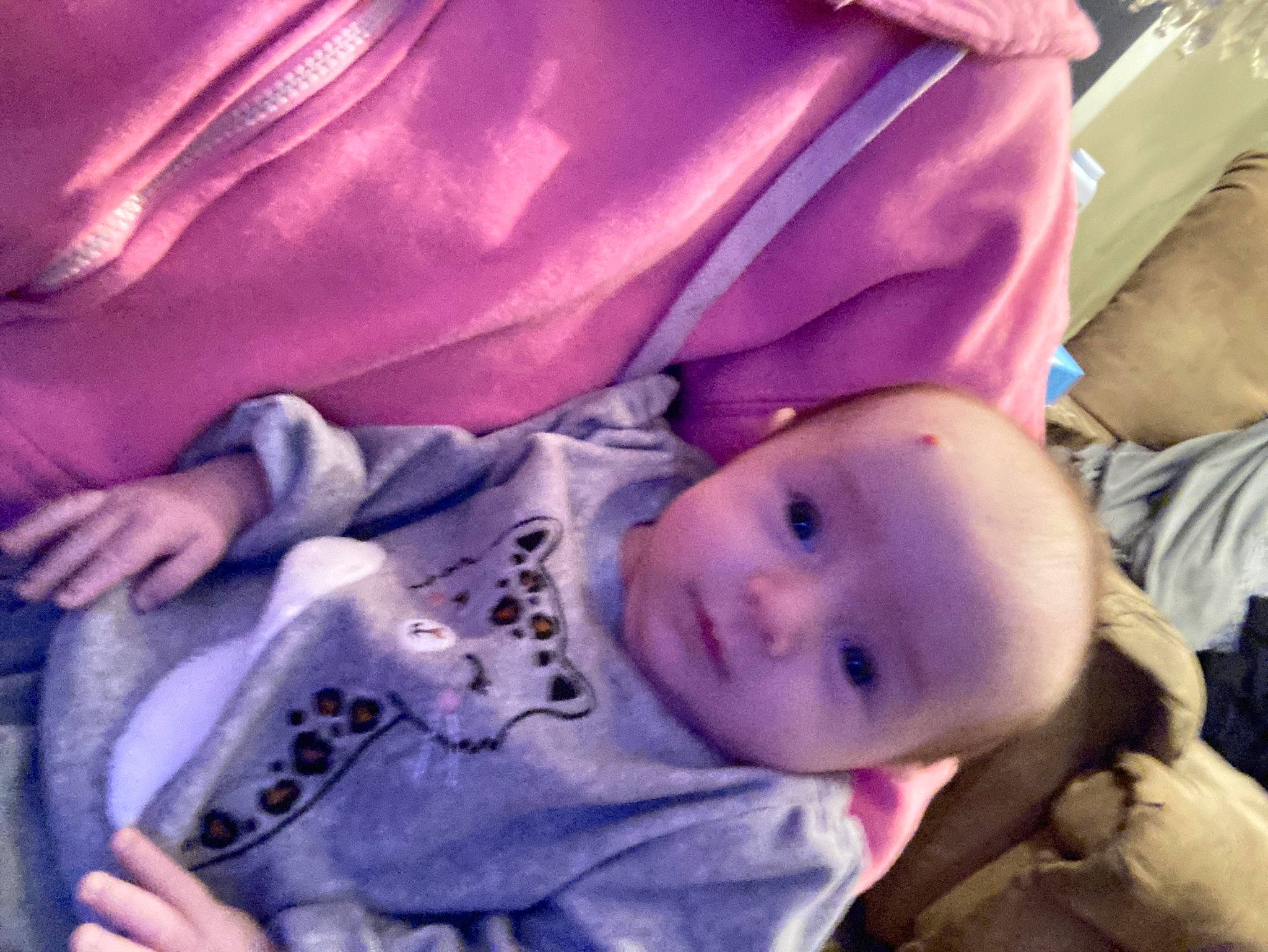 Arieannna is registered to the contest to win money with this photo: baby, baby_toddler_clothing, cheek, child, cloud, comfort, eyebrow, fun, happy, linens, mouth, nose, person, pink, purple, sitting, sleeve, smile, textile, toddler