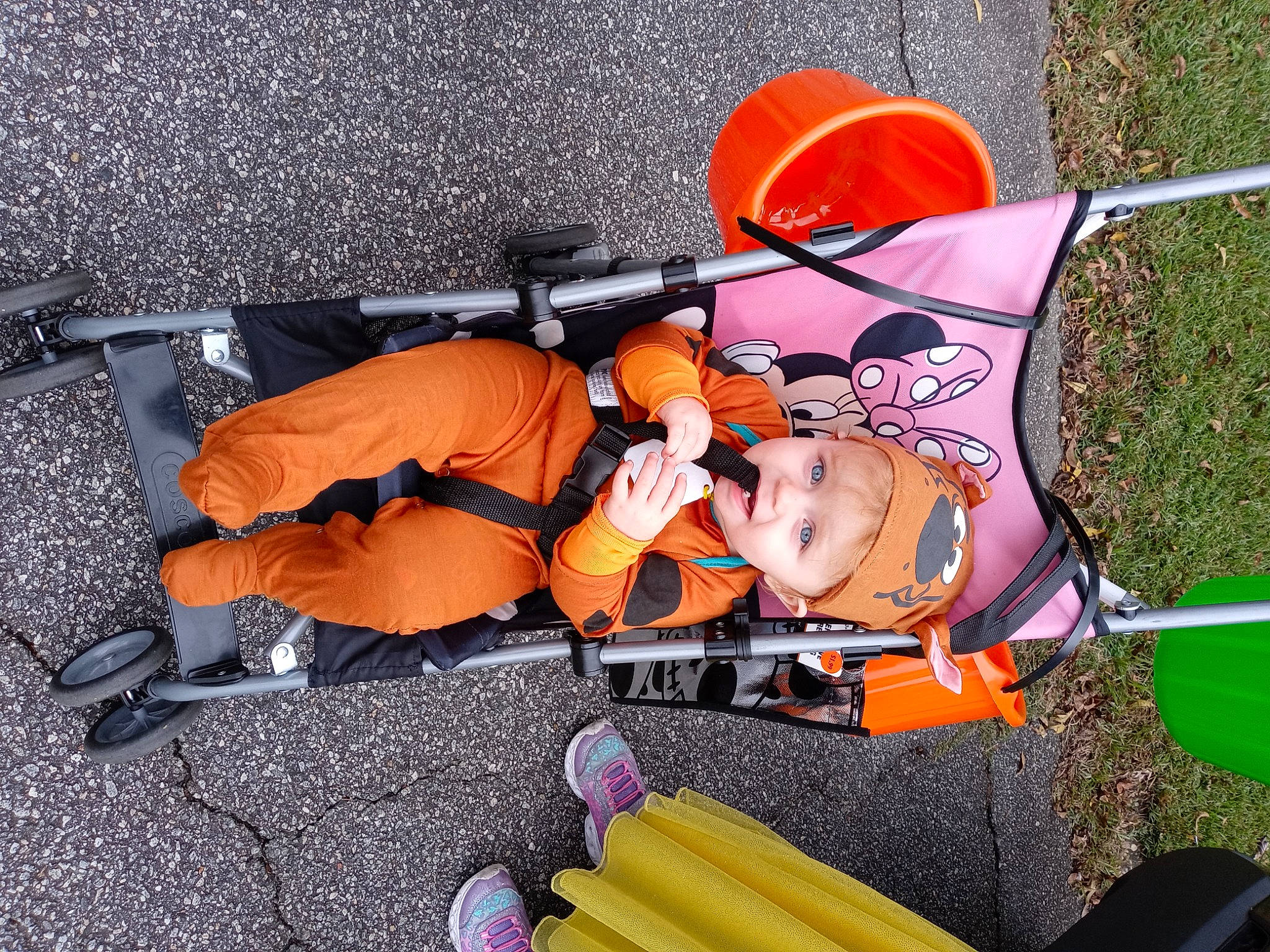 Angel is registered to the contest to win money with this photo: asphalt, baby_carriage, baby_products, child, fun, hat, headwear, helmet, orange, person, personal_protective_equipment, recreation, toddler