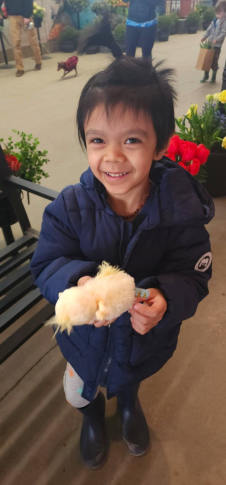 Leo is registered to the contest to win money with this photo: baby, baby_toddler_clothing, child, facial_expression, flower, flowerpot, fur, gesture, happy, houseplant, joy, outerwear, person, photograph, plant, sitting, skin, sleeve, smile, thumb