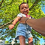 baby, child, smiling, outdoor, hand, tree, greenery, sky, denim_shorts, shirt, footwear, socks, holding, person, happy, sunlight, daylight, nature, portrait, cute