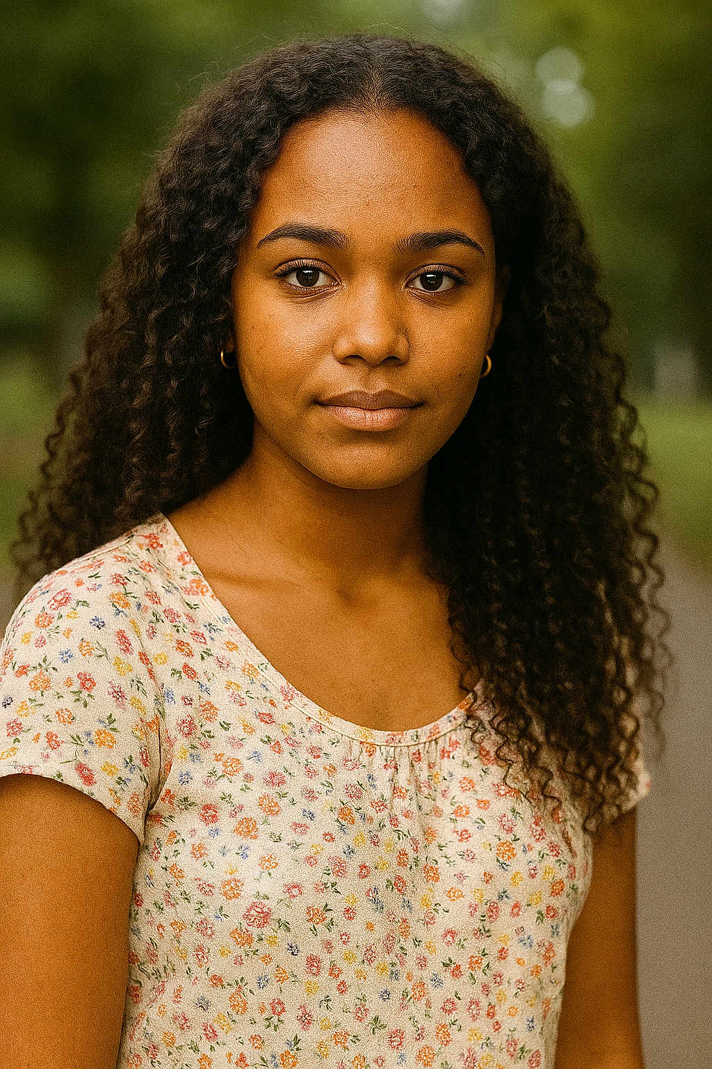 Tasnim participe au concours pour gagner de l'argent avec cette photo : young_girl, portrait, curly_hair, floral_top, outdoor, nature_background, female, person, face, eyebrows, eyes, skin, shoulders, casual_clothing, earrings, natural_light, calm_expression, standing, youth, closeup
