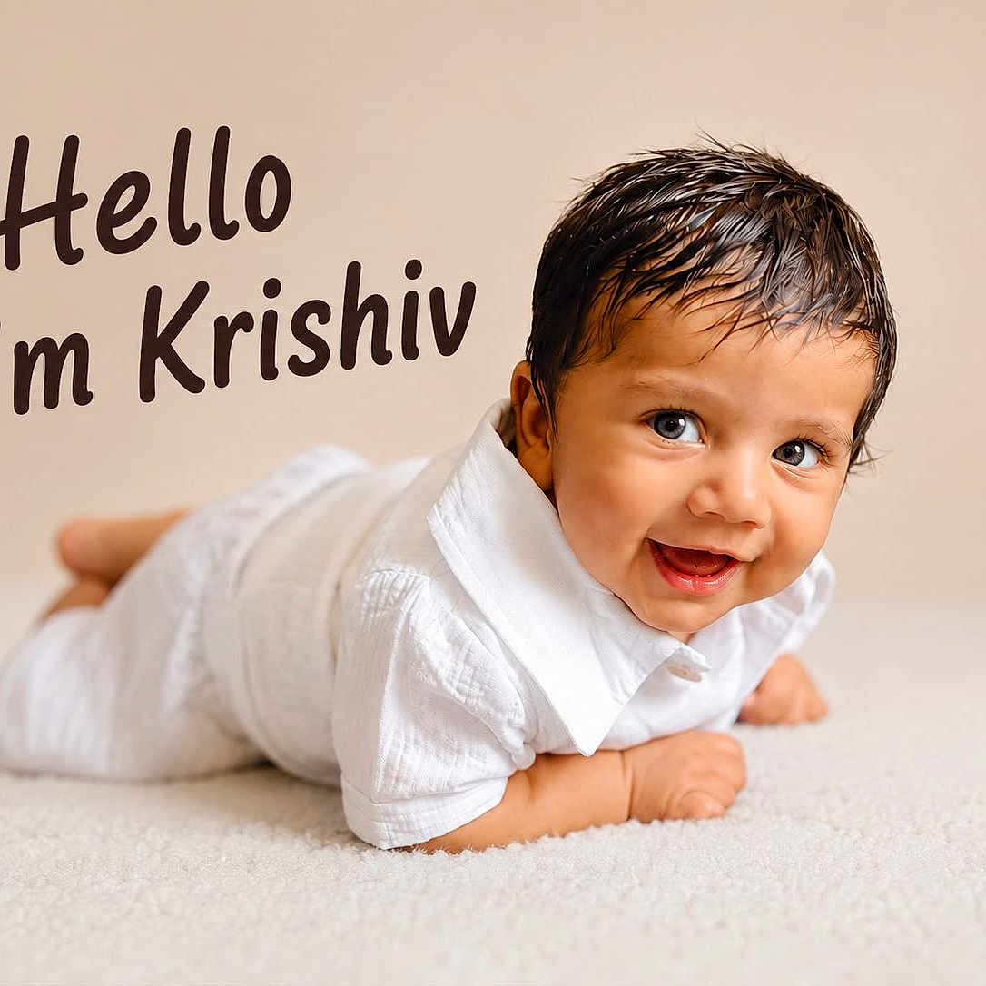 Krishiv is registered to the contest to win money with this photo: baby, child, infant, smiling, white_clothing, lying_down, face, eyes, hair, skin, cute, portrait, indoor, carpet, expression, happy, young, person, text_overlay, greeting