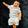 Krishiv is registered to the contest to win money with this photo: baby, infant, child, white_clothing, smile, happy, lying_down, black_blanket, texture, cute, portrait, small_feet, raised_arm, buttoned_shirt, shorts, indoor, person, human, skin, face