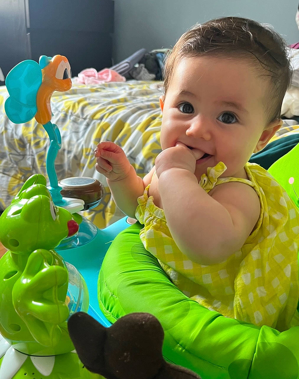 Artemis joined the competition — help win amazing prizes! baby, baby_products, baby_toddler_clothing, baby_toys, child, comfort, fun, green, happy, leisure, person, play, room, sitting, skin, sock, toddler, toy, yellow