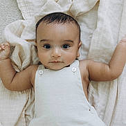 Yugveer Reddy is registered to the contest to win money with this photo: baby, infant, child, blanket, soft, cute, portrait, lying_down, clothing, white_outfit, arms_outstretched, indoors, skin, face, head, eyes, hands, expression, young, adorable