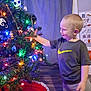 child, boy, christmas_tree, holiday, decorations, lights, ornaments, indoor, smiling, happy, short_hair, kneeling, floor, curtain, clothing, tshirt, pants, red_tree_skirt, festive, celebration