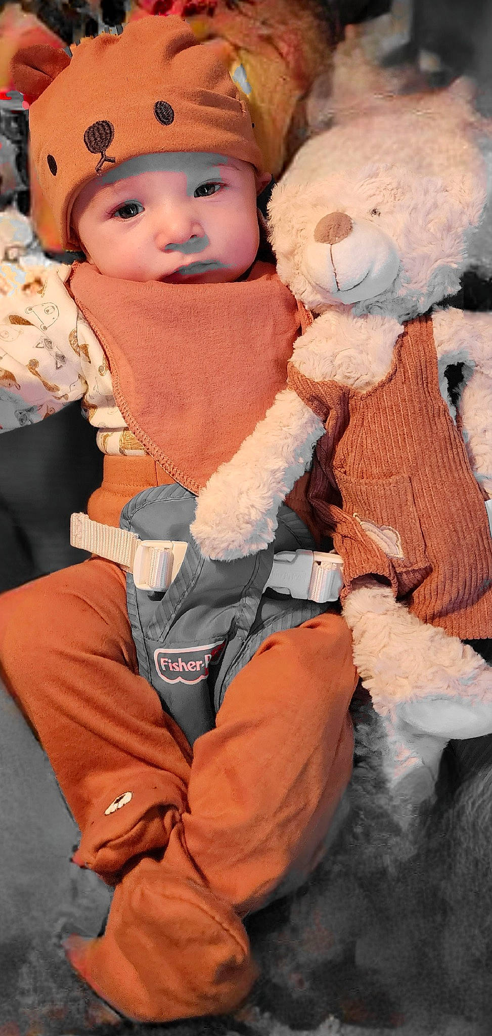 Jude is registered to the contest to win money with this photo: baby, baby_toddler_clothing, cap, cheek, child, doll, eye, fictional_character, fur, headwear, organ, people, person, pink, skin, sleeve, stuffed_toy, textile, toddler, toy