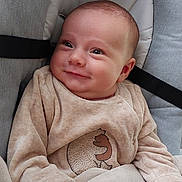 Elyo a rejoint le concours — aidez-le/la à gagner de superbes lots ! baby, infant, smile, onesie, blanket, bear_print, car_seat, strap, chubby_cheeks, hand, sleeve, bedding, soft_texture, portrait, cozy, nursery_item, gaze, skin, fabric, happy