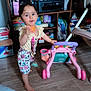 Celeste participe au concours pour gagner de l'argent avec cette photo : barefoot, child, clothing, colorful, curious, floor, household_items, indoor, orange_ball, pacifier, person, play, room, shelf, standing, toddler, toy, walker, wooden_floor, young_child