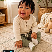 Bryce joined the competition — help win amazing prizes! baby, child, smiling, sitting, indoor, carpet, plush_toy, teddy_bear, plant, woven_basket, window, natural_light, clothing, long_sleeve, pants, sock, face, person, home_decor, cute
