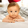 baby, infant, face, hands, bed, blanket, curious, wide_eyes, skin, indoors, soft_light, cute, child, lying_down, close_up, expression, young, portrait, comfort, warm
