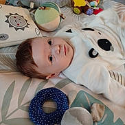 Lisa participe au concours pour gagner de l'argent avec cette photo : baby, infant, toy, plush_toy, blanket, pillow, smiling_face, face, person, cozy, nursery, patterned_blanket, white_clothing, panda_design, soft_toy, colorful_toy, lying_down, indoor, curious_expression, child