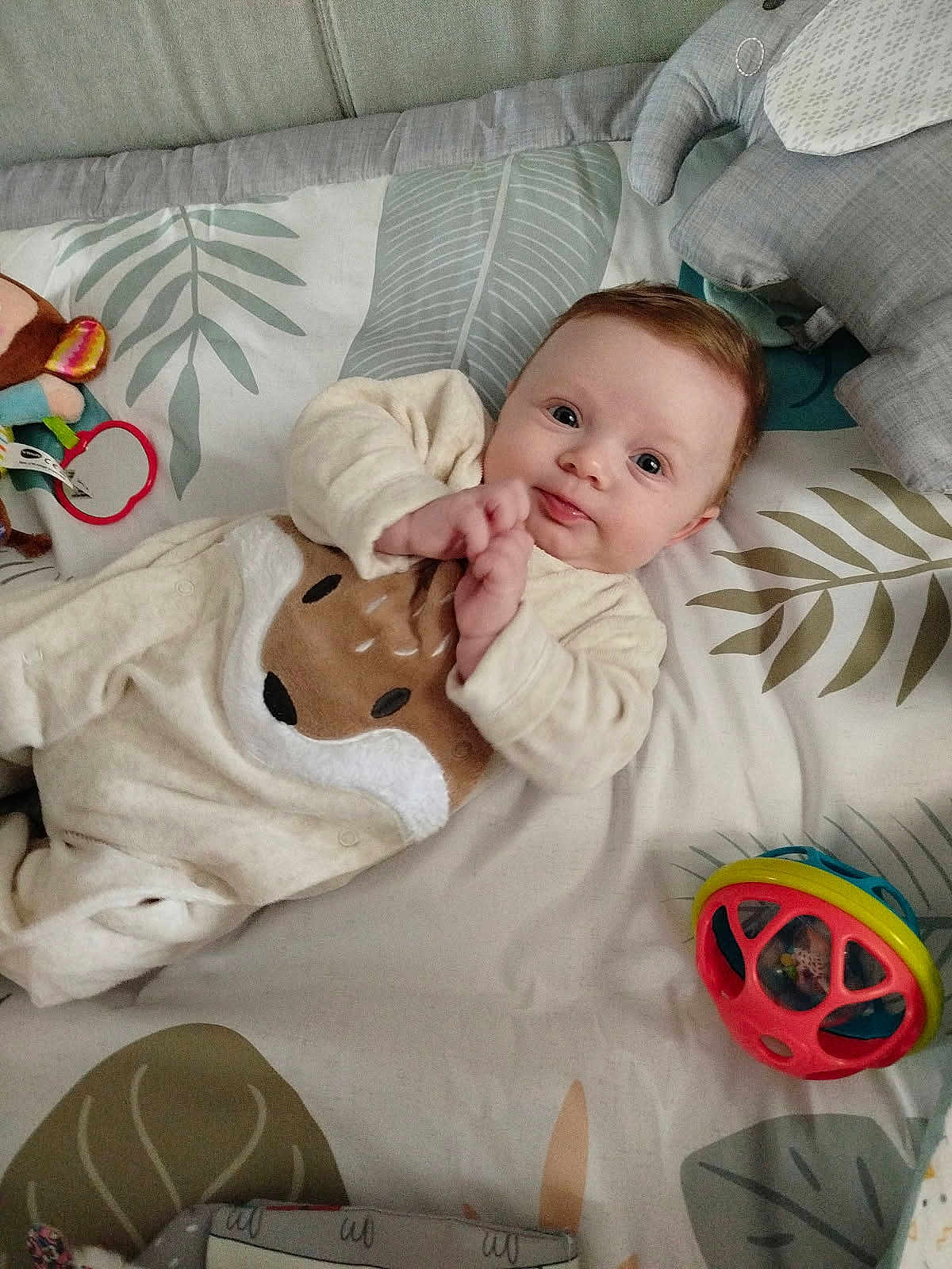 Lisa participe au concours pour gagner de l'argent avec cette photo : baby, infant, onesie, deer_design, toy, blanket, leaf_pattern, face, smile, curious, lying_down, indoor, cute, child, playtime, soft_toys, colorful, young, person, cozy