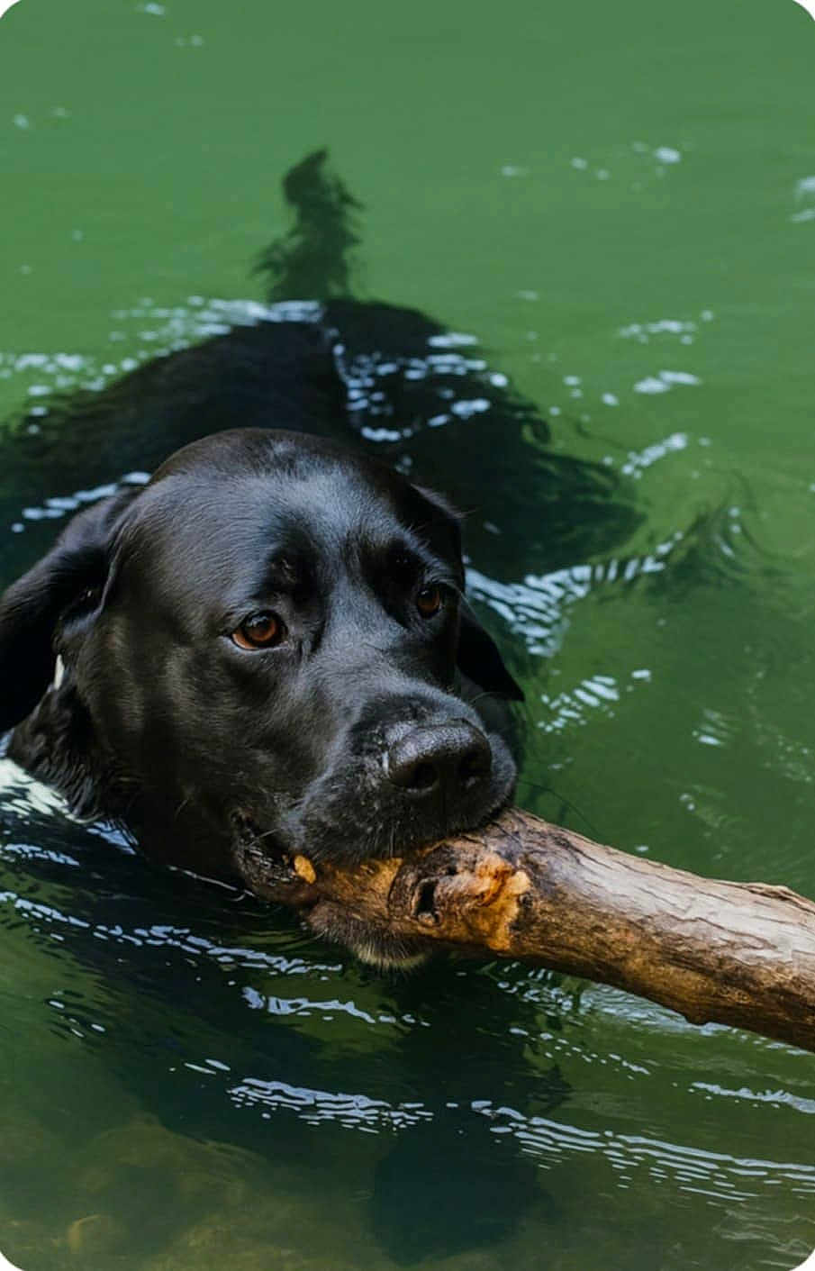 Must participe au concours pour gagner de l'argent avec cette photo : dog, black_dog, water, swimming, stick, animal, pet, outdoor, nature, playful, fetch, canine, muzzle, wet, lake, summer, active, closeup, portrait, happy