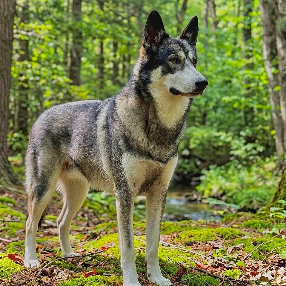 Athena is registered to the contest to win money with this photo: alert, animal, canine, dog, forest, fur, greenery, landscape, leaves, moss, natural, nature, outdoor, scenery, standing, stream, sunlight, trees, wildlife, woods