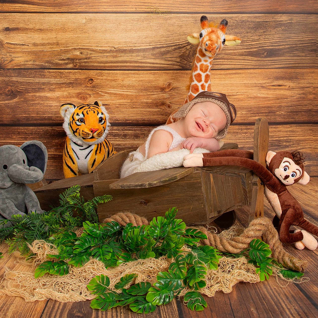 Mylan a rejoint le concours — aidez-le/la à gagner de superbes lots ! baby, child, cozy_outfit, cute, decorative_plants, greenery, hat, indoor, nursery, peaceful, plush_elephant, plush_giraffe, plush_monkey, plush_tiger, portrait, sleeping, toy, wooden_airplane, wooden_floor, wooden_wall