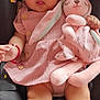 Samantha joined the competition — help win amazing prizes! baby, infant, car_seat, pink_dress, headband, plush_toy, bunny, toy, child, cute, playful, red_bracelet, warning_label, car_seat_strap, closeup, portrait, sitting, indoor, soft_toy, adorable