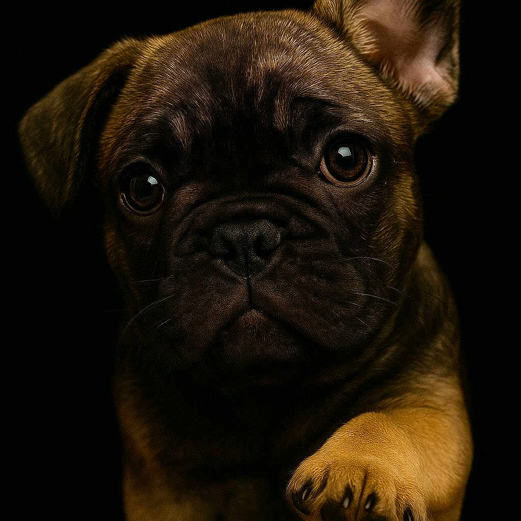 Aïko a rejoint le concours — aidez-le/la à gagner de superbes lots ! adorable, animal, black_background, brown_fur, close_up, cute, dog, domestic_animal, ears, expressive_eyes, french_bulldog, mammal, paw, pet, portrait, puppy, snout, studio_shot, whiskers, young