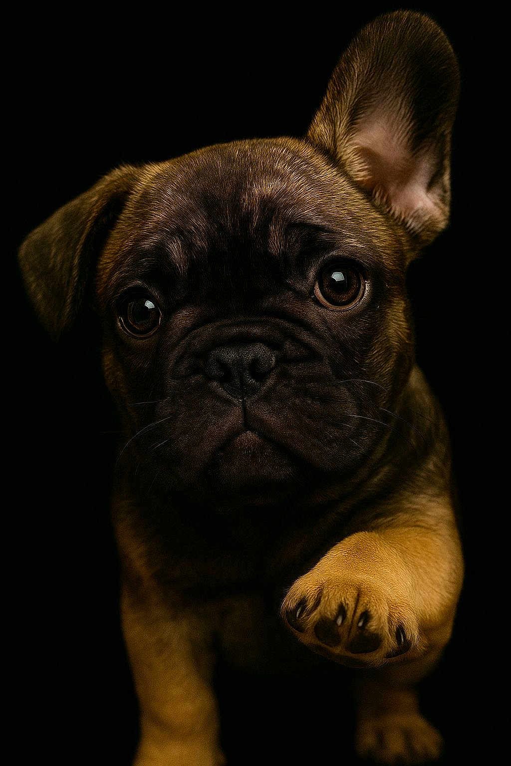 Aïko a rejoint le concours — aidez-le/la à gagner de superbes lots ! dog, puppy, french_bulldog, close_up, portrait, paw, brown_fur, black_background, pet, animal, cute, expressive_eyes, whiskers, snout, ears, young, mammal, domestic_animal, adorable, studio_shot