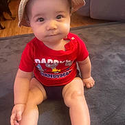 Jayden joined the competition — help win amazing prizes! baby, child, clothing, curious, cute, dog, eyes, face, floor, furniture, hand, hat, home, indoor, legs, portrait, red_shirt, sitting, soft_surface, young
