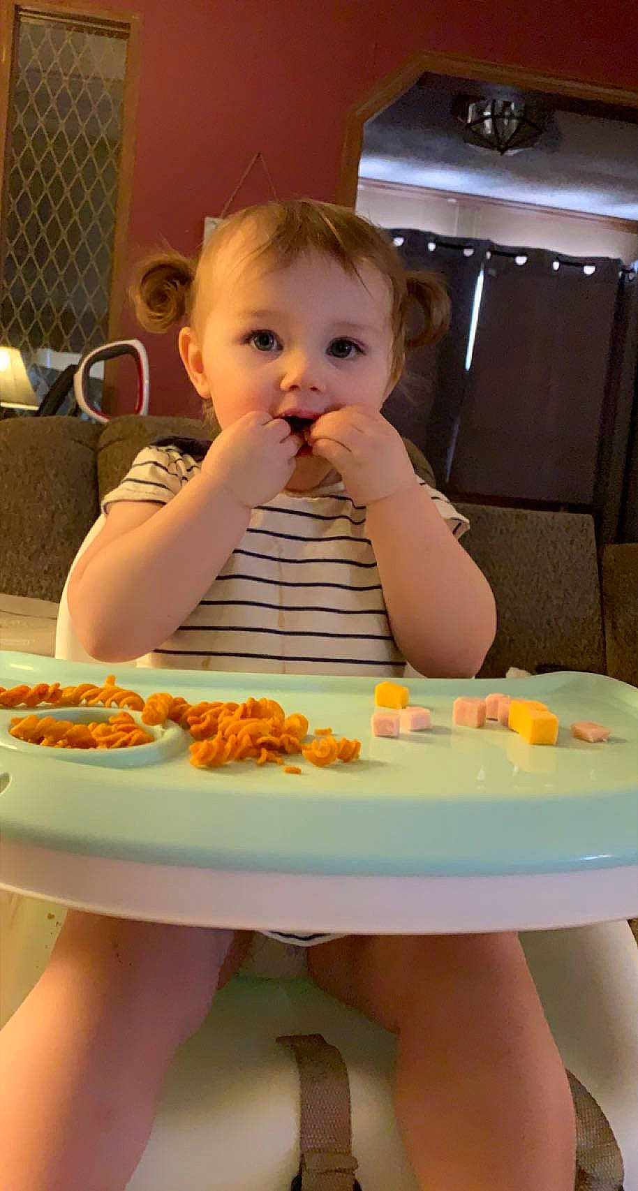 Skylar joined the competition — help win amazing prizes! baby, baby_food, chair, child, cuisine, eating, finger, flooring, food, food_craving, fun, indoor_games_and_sports, leisure, orange, person, recipe, sitting, surprise, sweetness, table