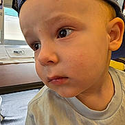 Lucas is registered to the contest to win money with this photo: child, toddler, face, portrait, blue_cap, curious, indoor, casual, clothing, headwear, closeup, person, young_child, looking_away, soft_lighting, expression, desk, papers, background, skin